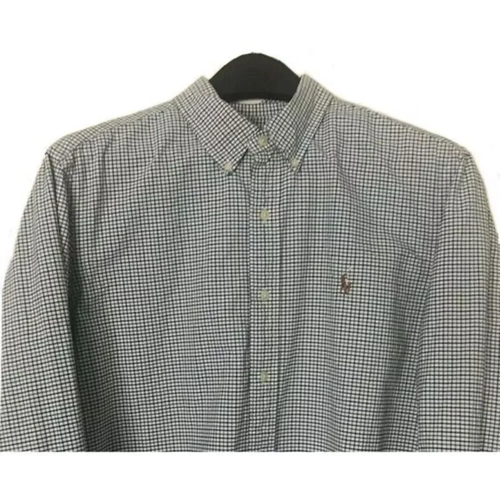 Ralph Lauren Men's Large Long Sleeve Button Pony Shirt Blue Green Check *Stain